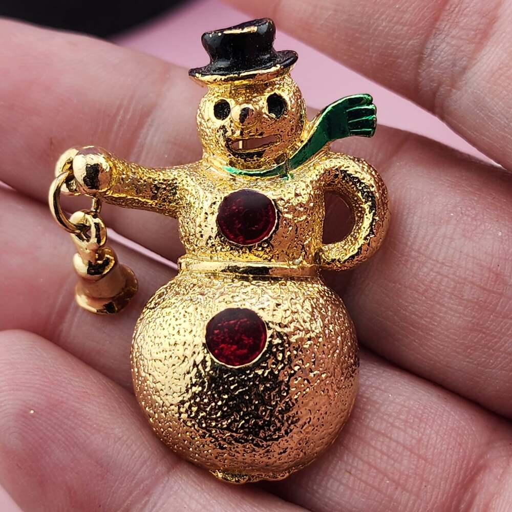Vintage 90s Snowman Brooch Dangling Bell Green Scarf Gold Tone Christmas Pin